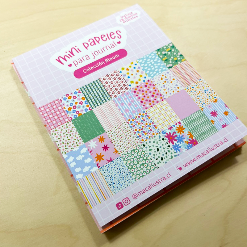 Mini Papeles Bloom para journaling con 28 diseños florales, cuadrículas, rayas y patrones de colores. Mini Papeles Bloom para journaling con 28 diseños florales, cuadrículas, rayas y patrones de colores.