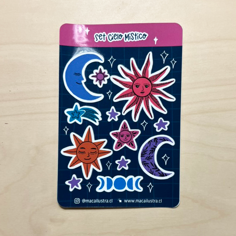 Mini sticker sheet Cielo Místico para journaling con ilustraciones de soles, lunas, estrellas y fases lunares de colores. Mini sticker sheet Cielo Místico para journaling con ilustraciones de soles, lunas, estrellas y fases lunares de colores.
