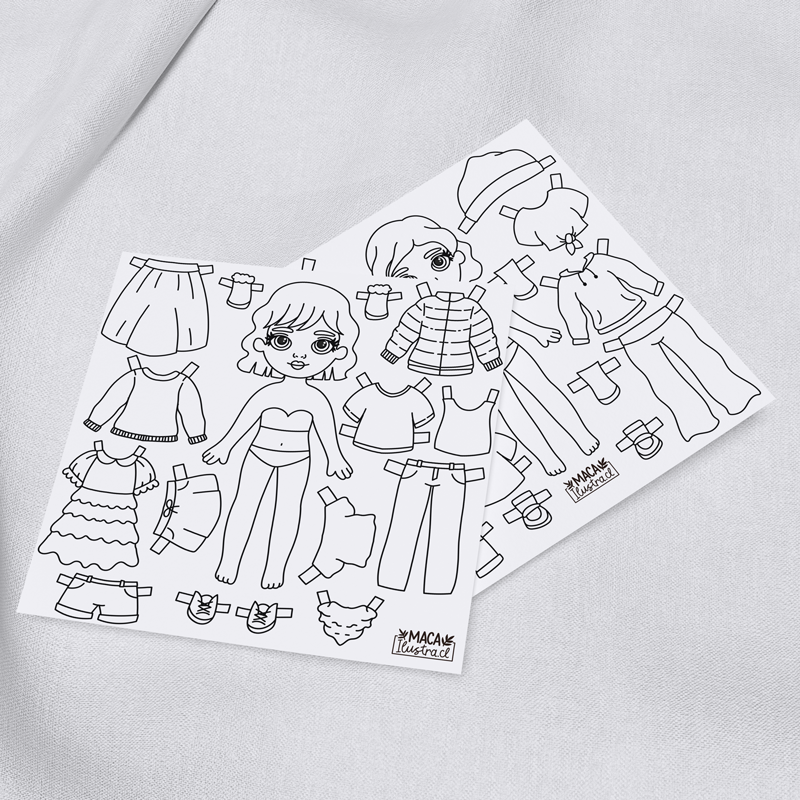 Muñeca de papel para colorear con ropa y accesorios – 2 láminas Muñeca de papel para colorear con ropa y accesorios – 2 láminas