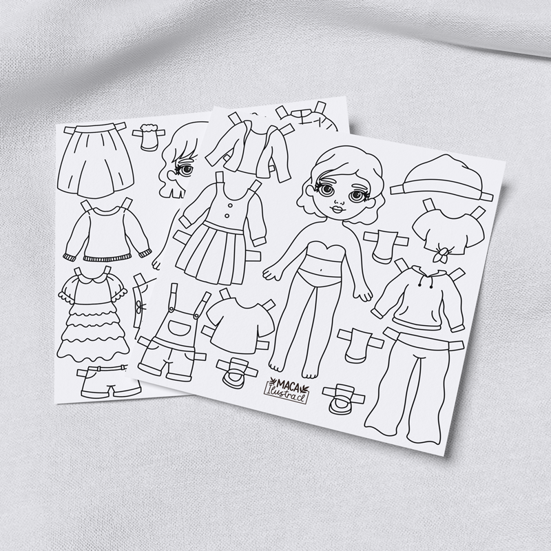 Muñeca de papel para colorear con ropa y accesorios – 2 láminas